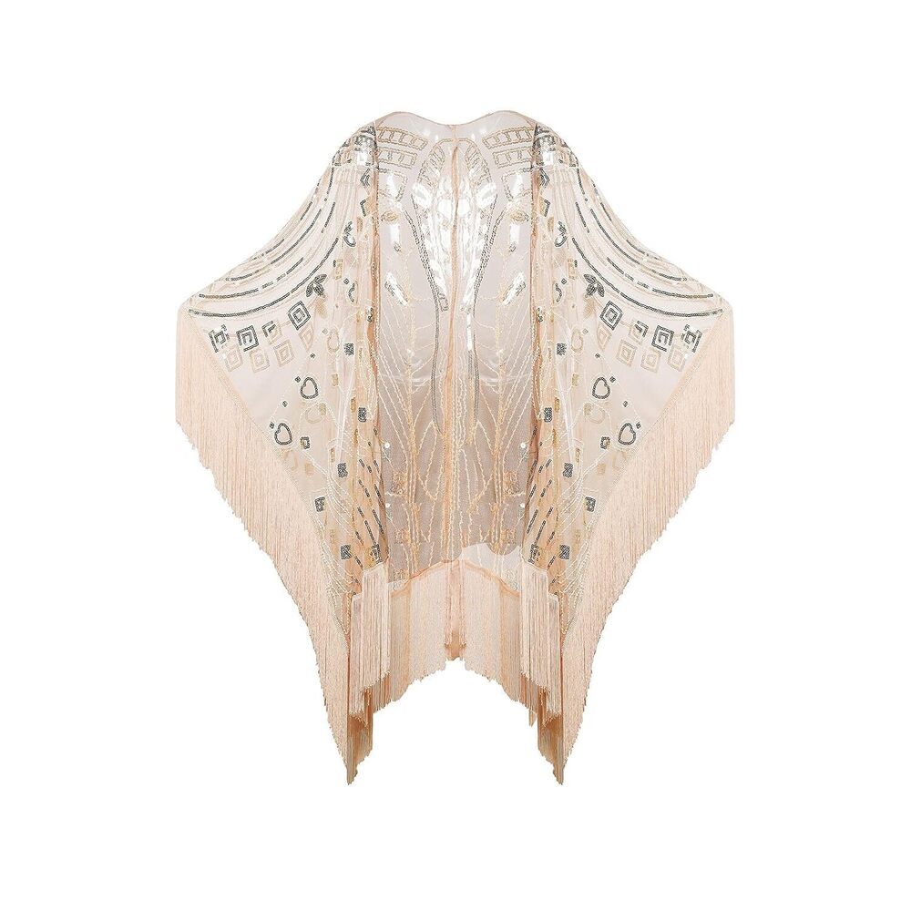 1920s Sequin Beaded Shawl Wraps Fringed Evening Cape Scarf for Wedding